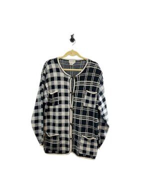 Retro Patchwork Wool Knit Sweater 1X Black Checks Festive Holiday Classic Chic‎
